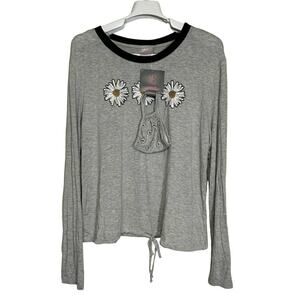 No Boundaries Gray Daisy Ringer Long Sleeve Top with Face Mask Shirt Size XL NWT